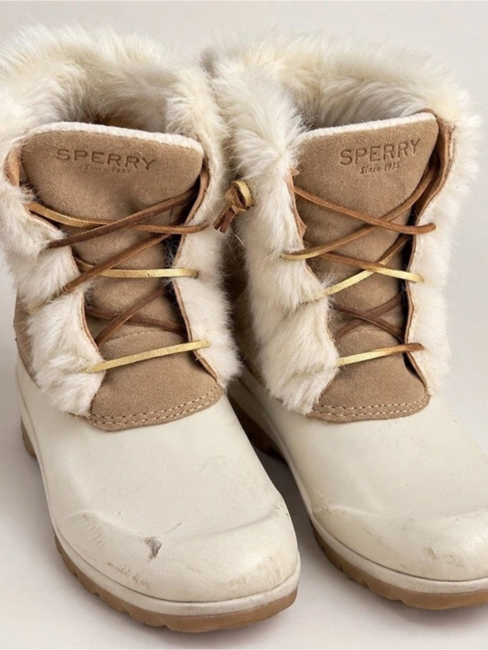 Sperry Maritime Repel Pac Boots Ivory Sand Faux Fur Waterproof Women’s 8M